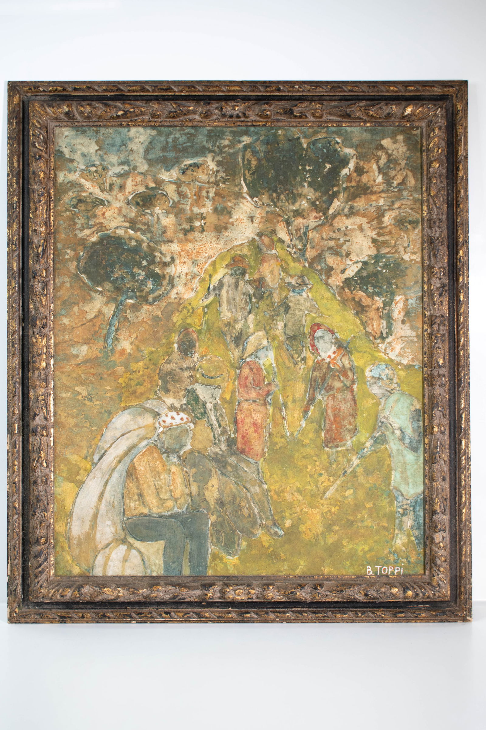 Bernardino Toppi 'Faneuses' Oil Painting: A fine painting in the fresco style by Bernardino Toppi, Italian, born 1936. Height 30.5" Length 26" ****We Offer In-House Shipping*** ****We Offer In-House Shipping***