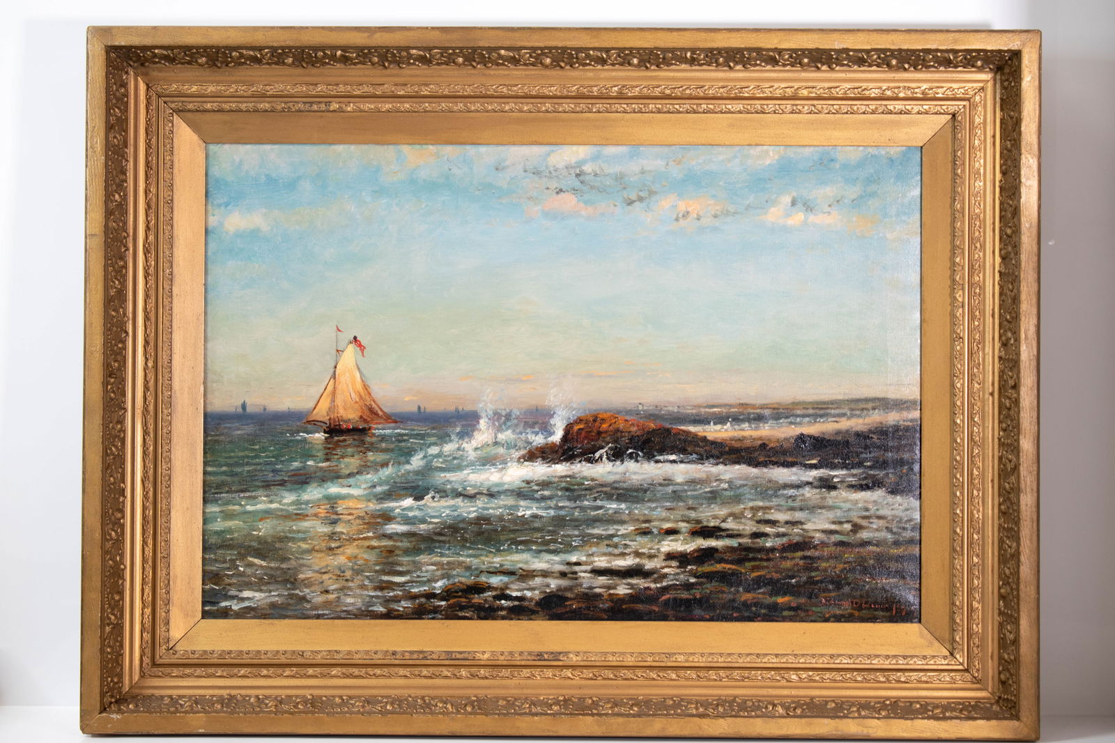 Edmond Darch Lewis (American, 1835-1910): Seascape: Sailing of the coast. Dated and signed front lower right. It appears to be it's original frame. The date appears to be 1877. In my opinion this is about the finest Edmond Darch Lewis to