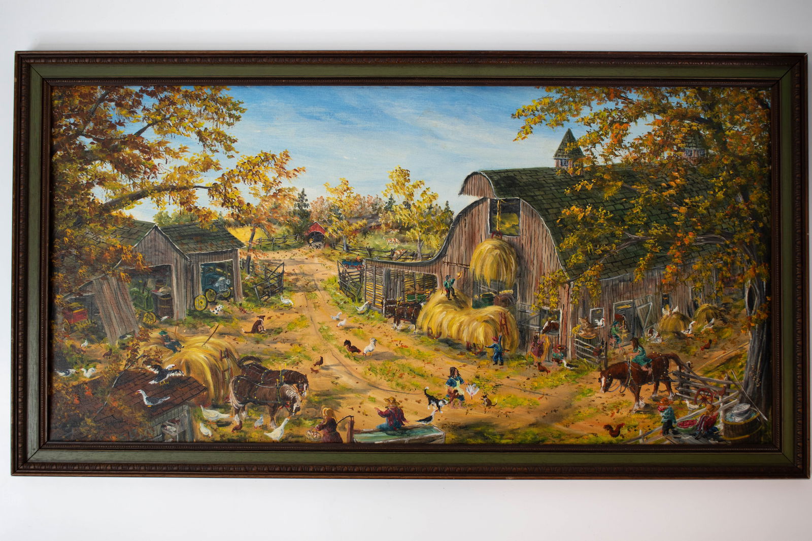 Gerald Lee Nees 'Putting Up Hay in The Barn': A nicely done folk art painting. Born 1938, Cory, IN. Height 21" Length 39" ****We Offer In-House Shipping***