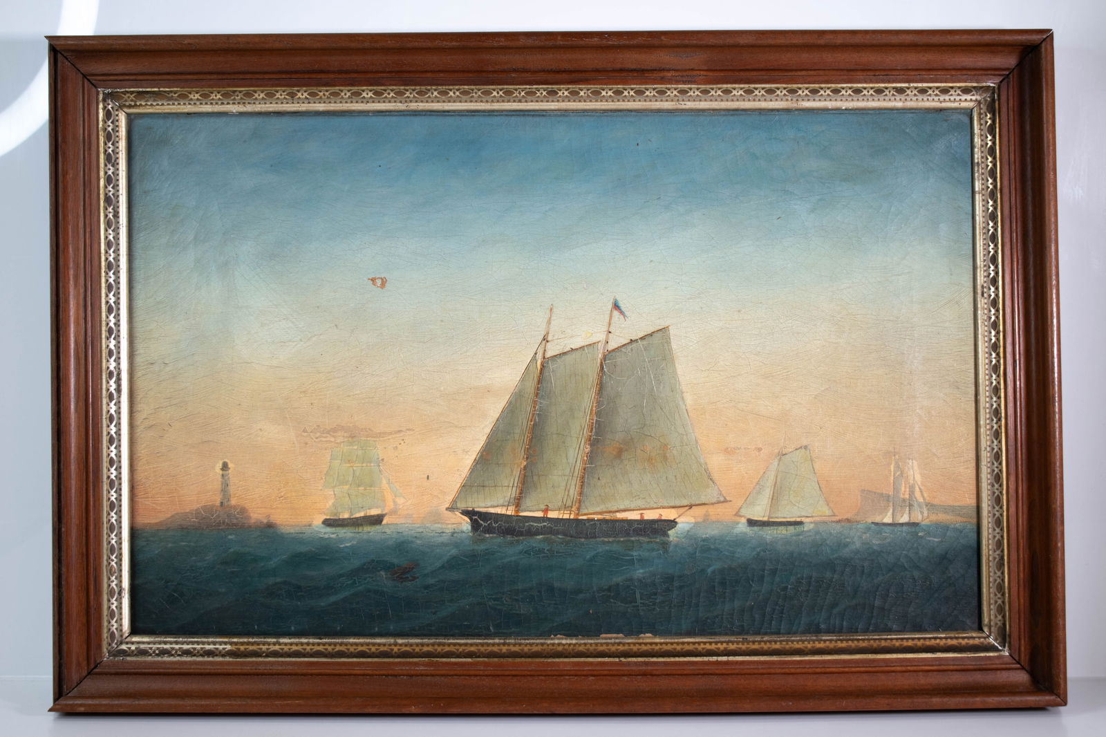 Schooners Yacht Racing Antique Oil Canvas C. 1930: A fine painting, oil on canvas, with minor loss and an old minor repair, see picture. Circa 1920-1930, attributed to yacht racing. Pennsylvania estate. Height 21" Length 30" ****We Offer In-House