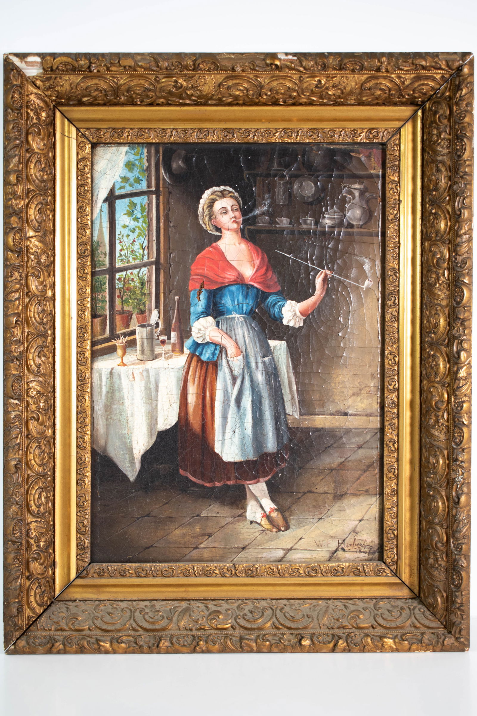 Antique Continental Oil Painting on Canvas 1867: Interior scene of a lady smoking a pipe with early pewter in the background. Height 23" Length 18" ****We Offer In-House Shipping***