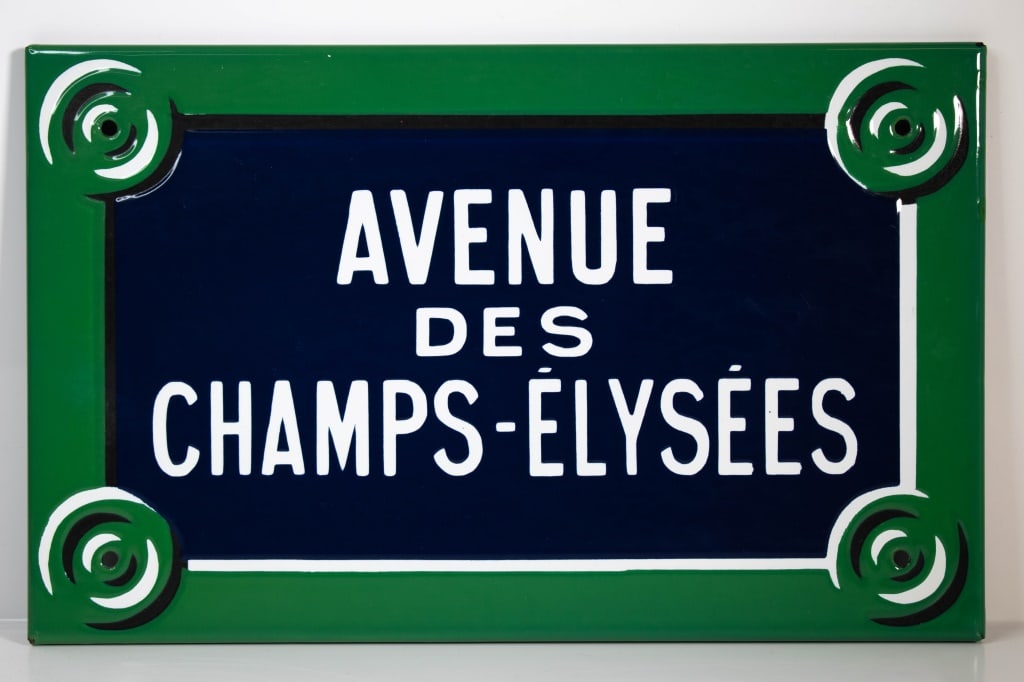Old French Enamel Sign 'Avenue Des Champs-Elysees': ****We Offer In-House Shipping*** Approximately 16"W 10”H