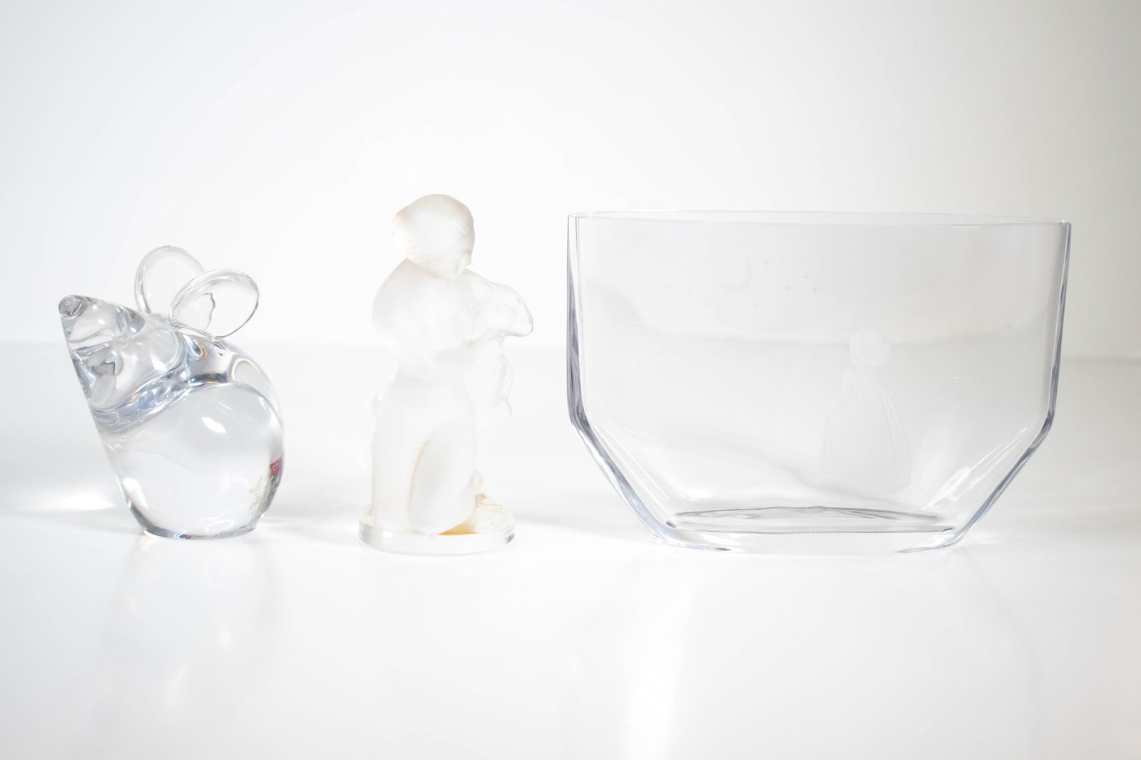 Lalique Art Glass Figure and More: Includes an art glass mouse, A bowl in the style of Orrefors, and a signed Lalique Figure Largest item Height 4" ****We Offer In-House Shipping***
