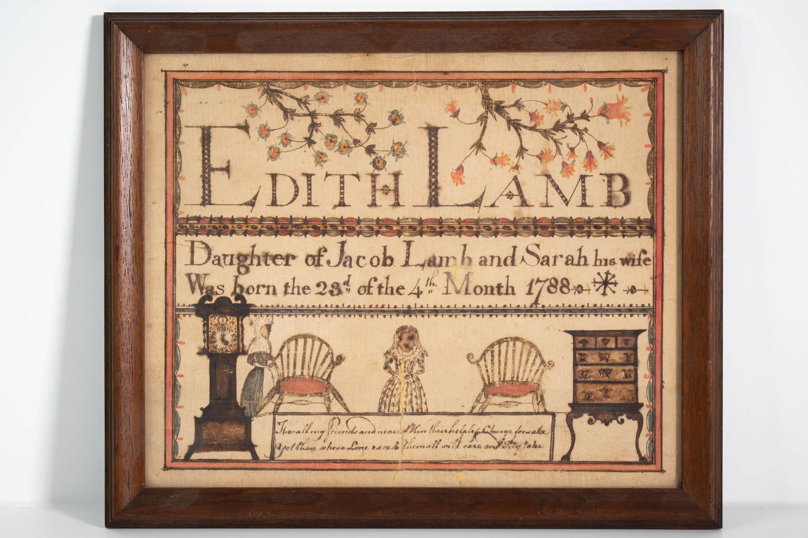 Edith Lamb Fraktur Style Watercolor Circa 1788: Birth record for Edith Lamb, Daughter of Jacob Lamb and Sarah his wife was born the 23rd of the 4th month 1788. Amazing artwork depicting two windsor chairs, A tall case clock and a Queen Anne or