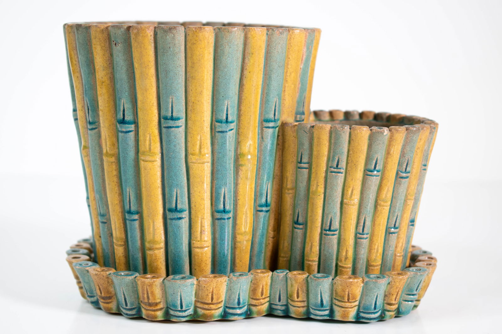 Chinese Double Planter: A fine and unusual double planter in bamboo form. Nicely enameled. Height 5.5" ****We Offer In-House Shipping***