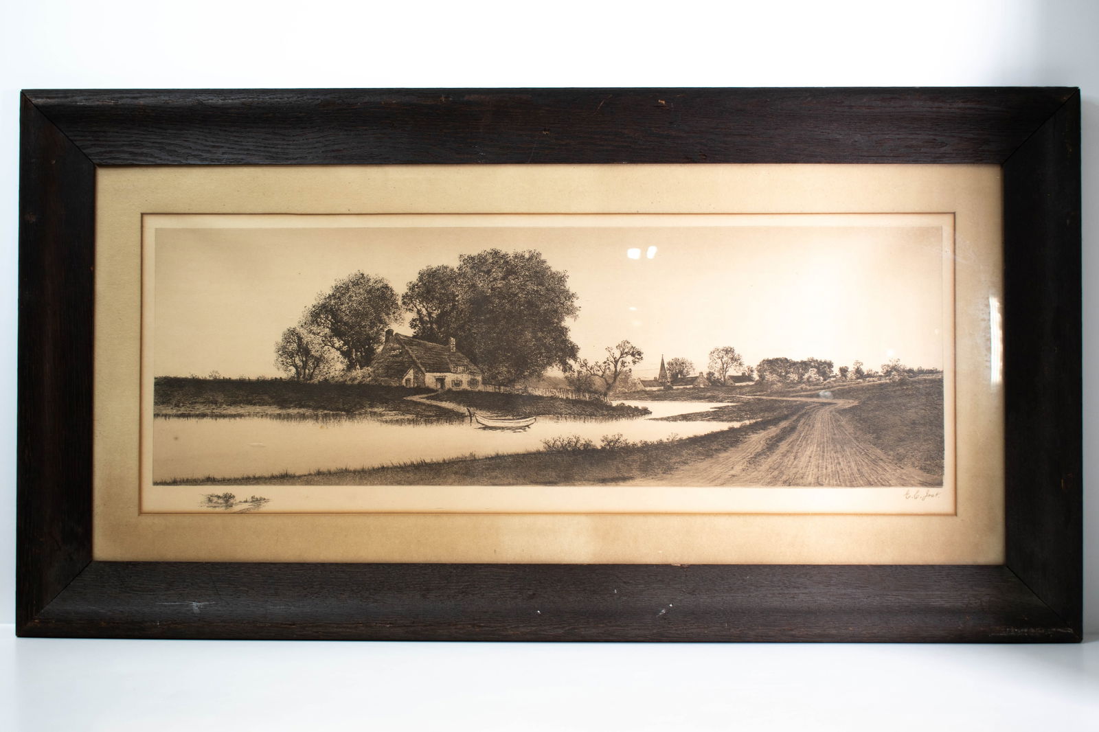 E.C Jost Etching Landscape 19th Century: A fine etching landscape. Height 21.5" Weight 41.5" ****We Offer In-House Shipping***