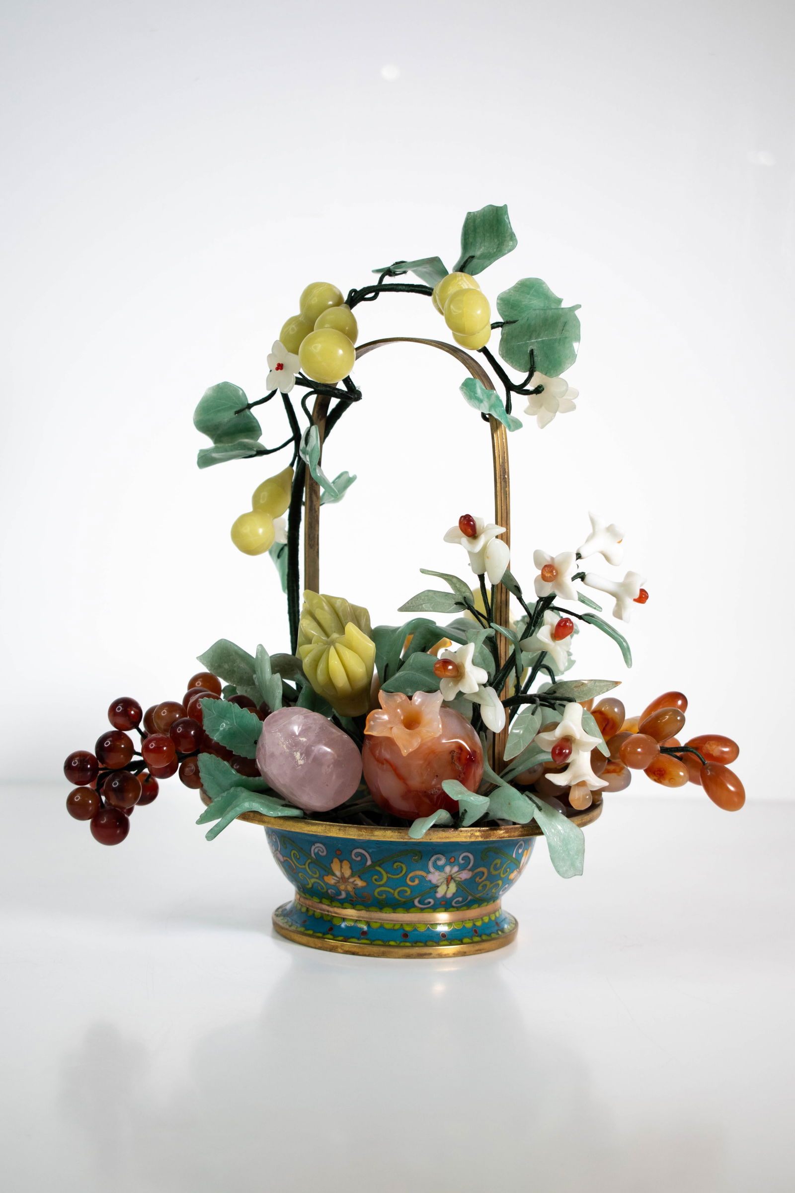 Chinese Cloisonne Basket with Jade & Stone Fruit: A very nice cloisonne basket with carved hardstone and Jade fruit, flowers and more. Height 13" ****We Offer In-House Shipping***
