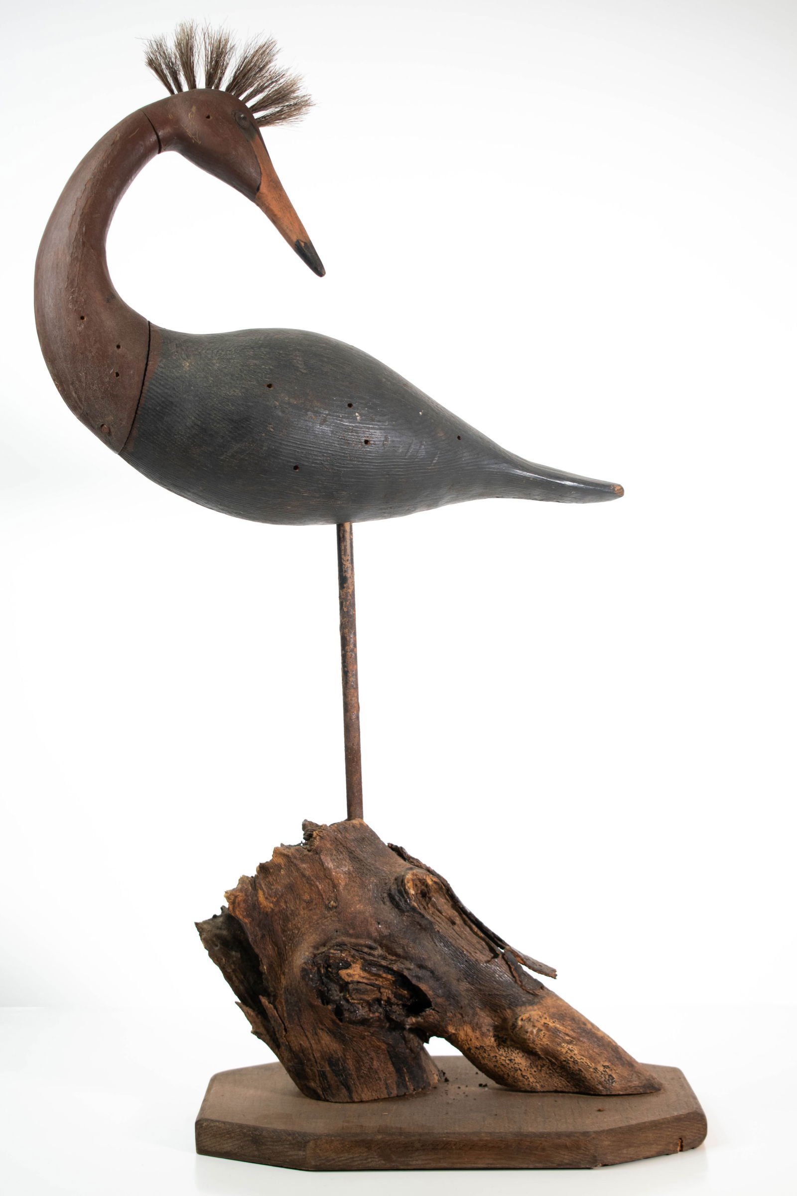 Carved Bird on Stand: A nicely carved bird with a painted surface. Mounted. Height 30" ****We Offer In-House Shipping***