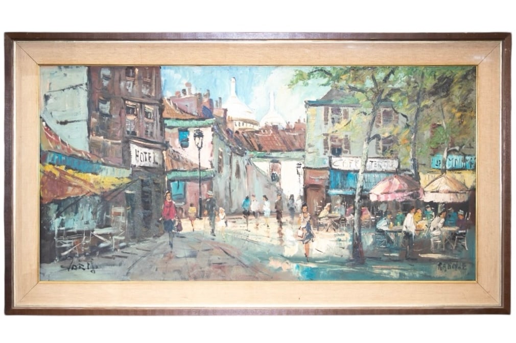 Mid Century Painting of a Paris Street Scene: Circa 1950-1970, Signature illegible. Height 31" Length 54" ****We Offer In-House Shipping***