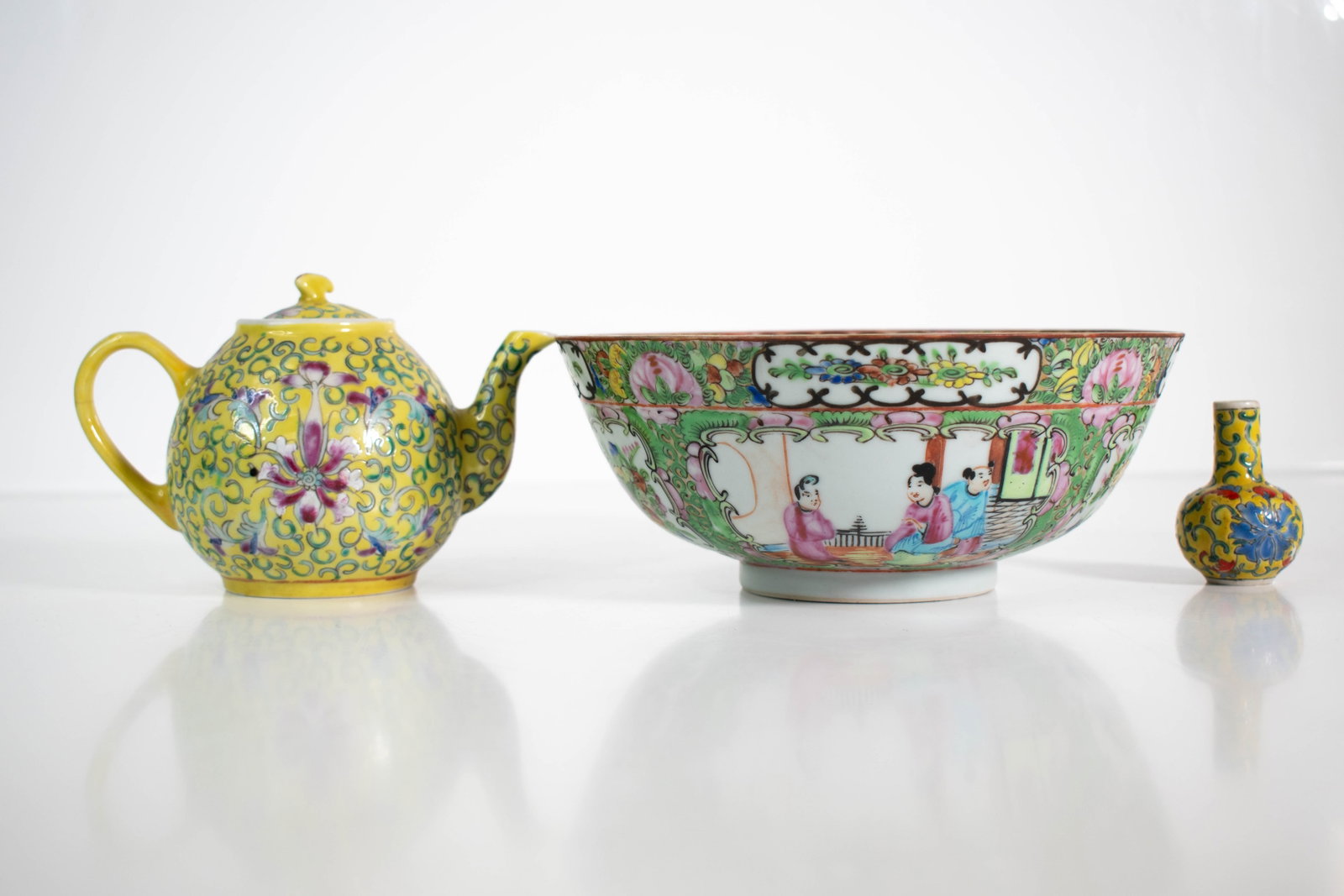 Chinese Porcelain and More: One in the Rose Medallion palette and one signed with a four character seal and mark. From a local estate. Largest item length 7" ****We Offer In-House Shipping***