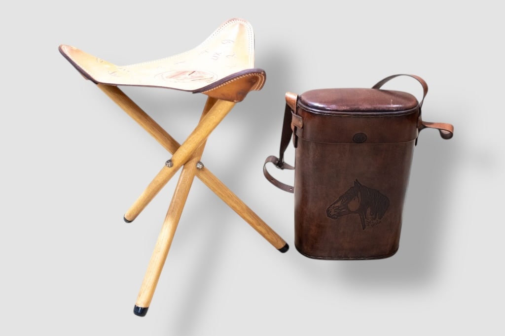 Sergio Mackinnon Bottle Tote Carrier: Made in Uruguay, measures approx. 14"h. Also includes Fred Harvey style three legged leather top horse stool. ****We Offer In-House Shipping***