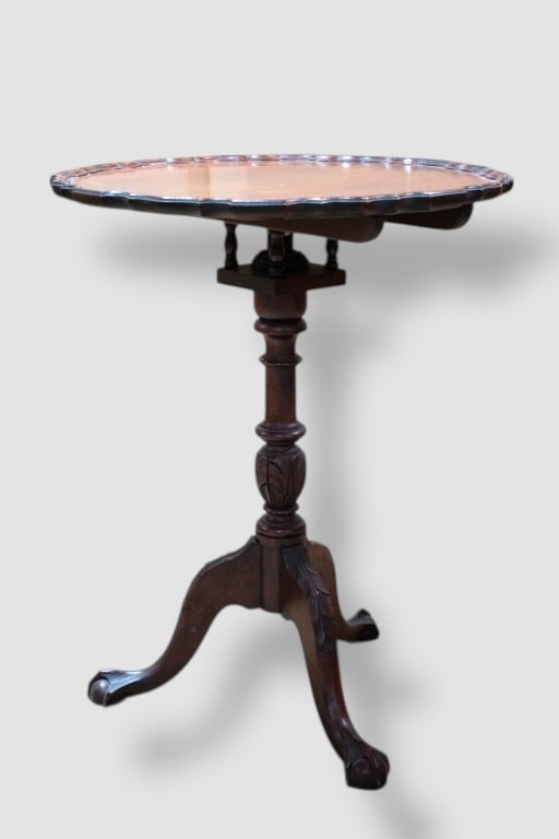 Antique Chippendale Bird Cage Side Table: Antique, resting on ball and claw feet. Appears to be in good condition with minor scratching to surface, measures approx. 29.5"h x 24"w