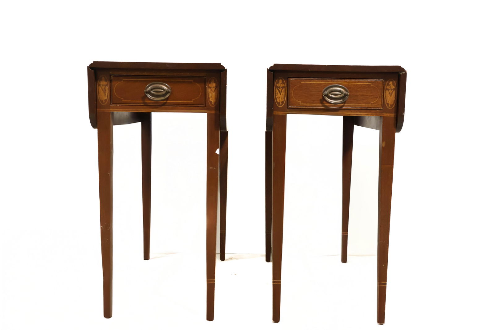 Pembroke Tables (Inlaid): A fine pair on inlaid drop leaf tables. Measures approx. 25"deep x 26"h x 25"w (with drop leaves) and approx. 12"w (without leaves).
