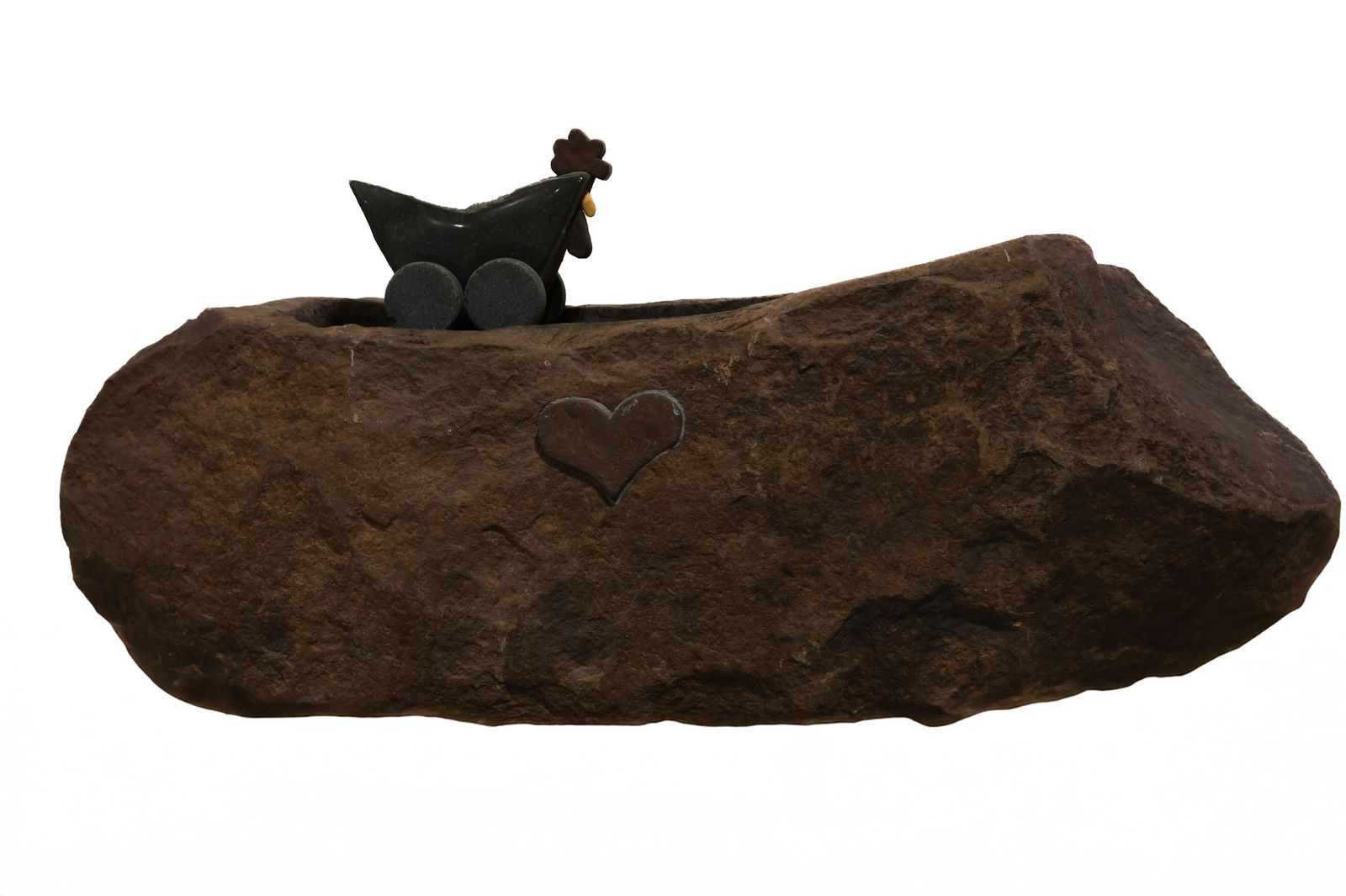 Steven R. Snyder stone sculpture (1957-2025): In two pieces includes the rolling chicken on top. Such a fun piece. Rare From a local estate. By a local bucks county artist. This piece weighs approximately 700 to 800 lb and is not available for sh