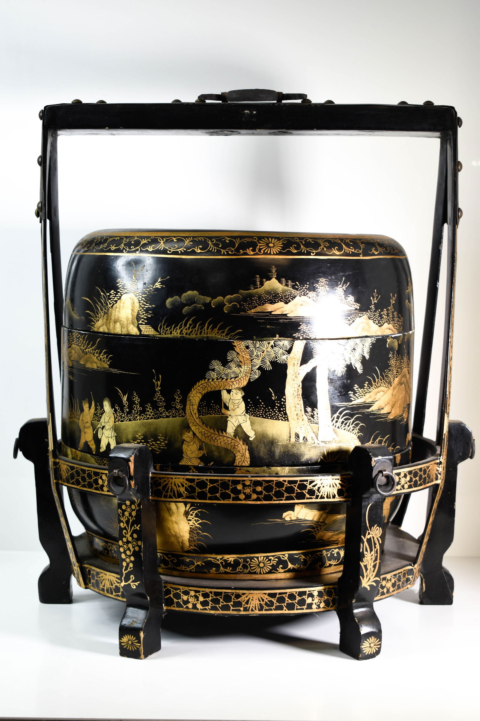 Large Japanese Black Lacquer Wedding Basket: Large scale form, with Chinoiserie decorations, Circa 1940 Height 27" ****We Offer In-House Shipping***