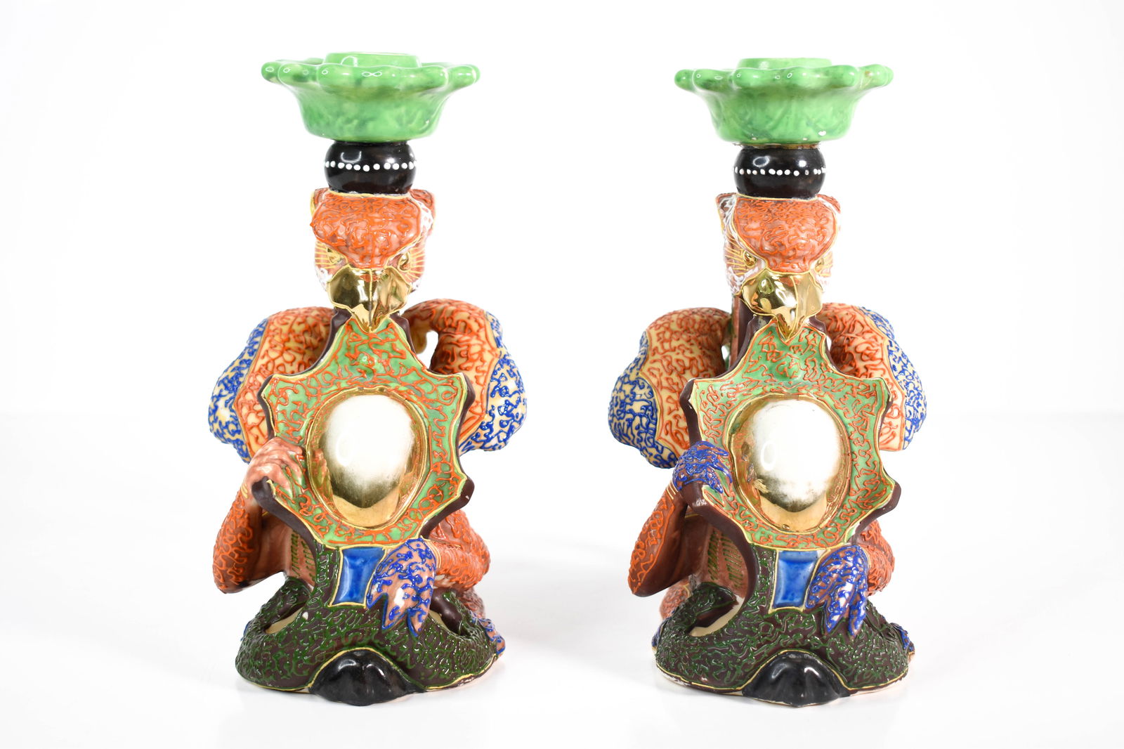 Japanese Satsuma Candlesticks: Nice form. Height 8" ****We Offer In-House Shipping***