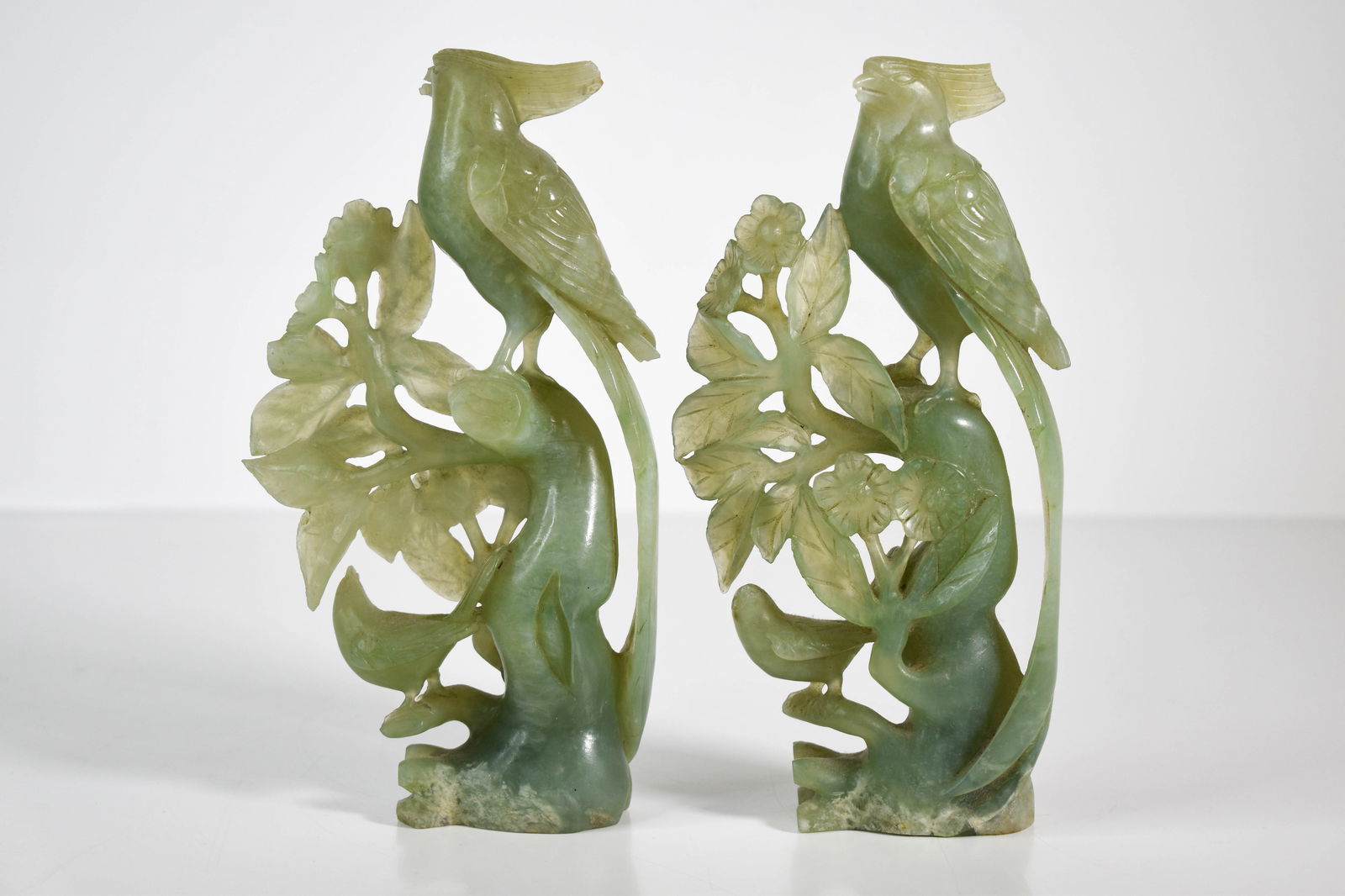 Chinese Carved Green Jade Birds: Height 8" ****We Offer In-House Shipping***