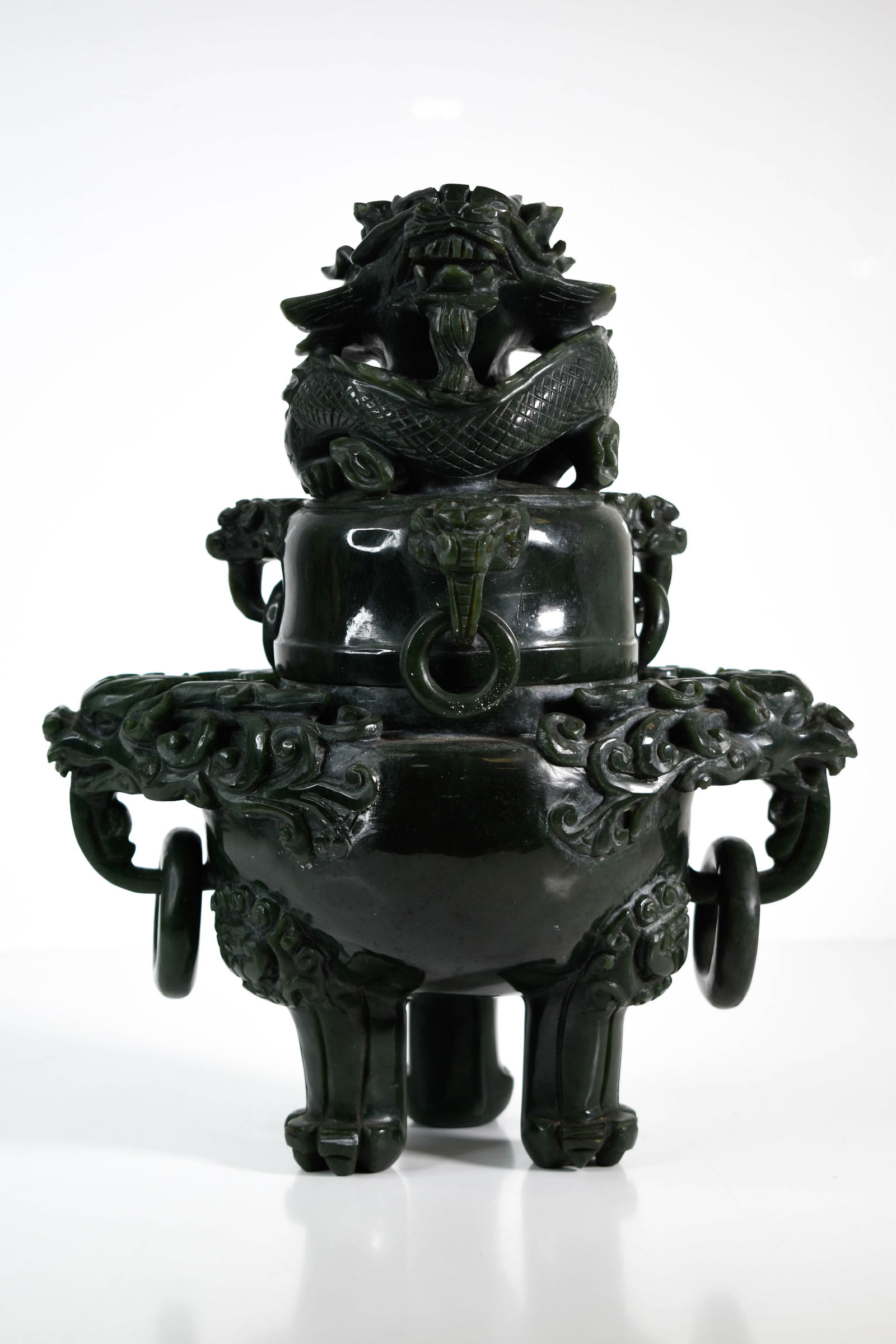 Chinese Carved Spinach Green Jade Censer: Height 12.5 ****We Offer In-House Shipping***
