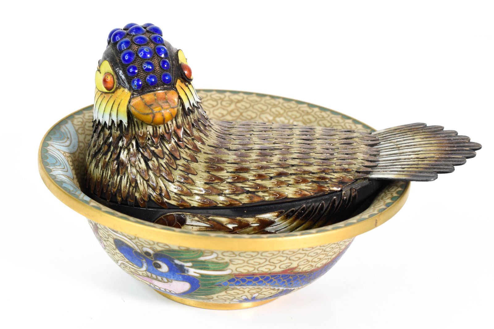 Chinese Cloisonne Bird and Bowl: Length 5.5" ****We Offer In-House Shipping***