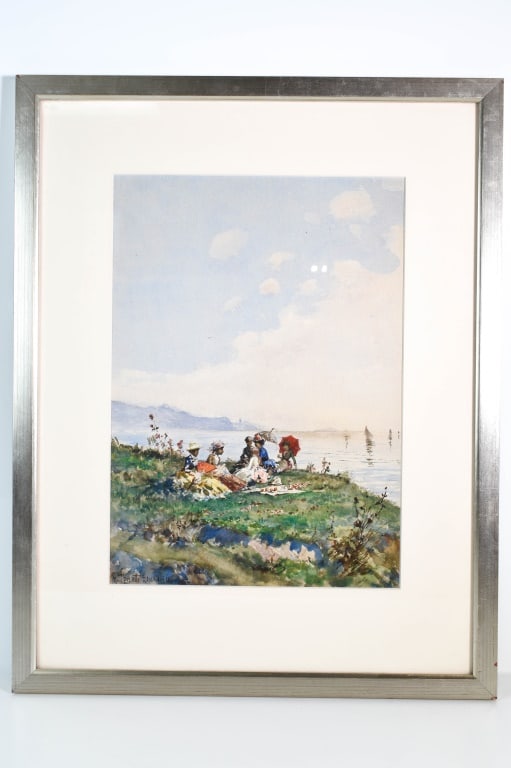 Mario Spinetti Watercolor Rome 1886: A fine landscape with figures. Signed and dated M. Spinetti, 1886. Mario Spinetti, Rome, 1842-1909. Roman painter, often showed genre scenes. Exhibited in Rome, Turin and Venice. Height 22" Length