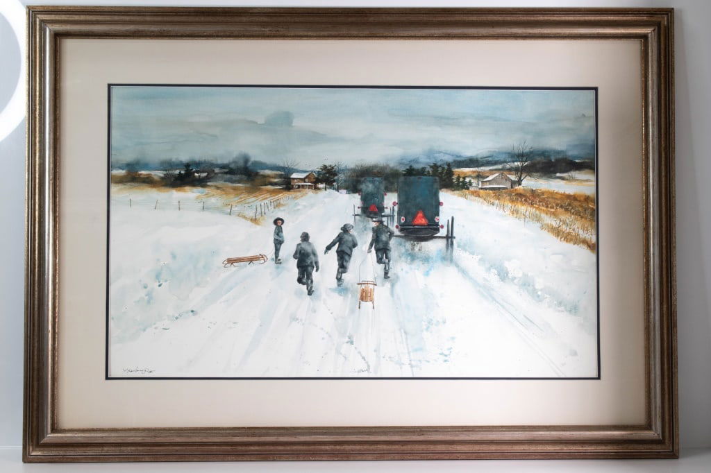 Paul Scarborough Watercolor Winter Snowscape: Nicely done Winterscape with a retail price of $1800.00 Height approximately 28 inches Length approximately 40 inches ****We Offer In-House Shipping***