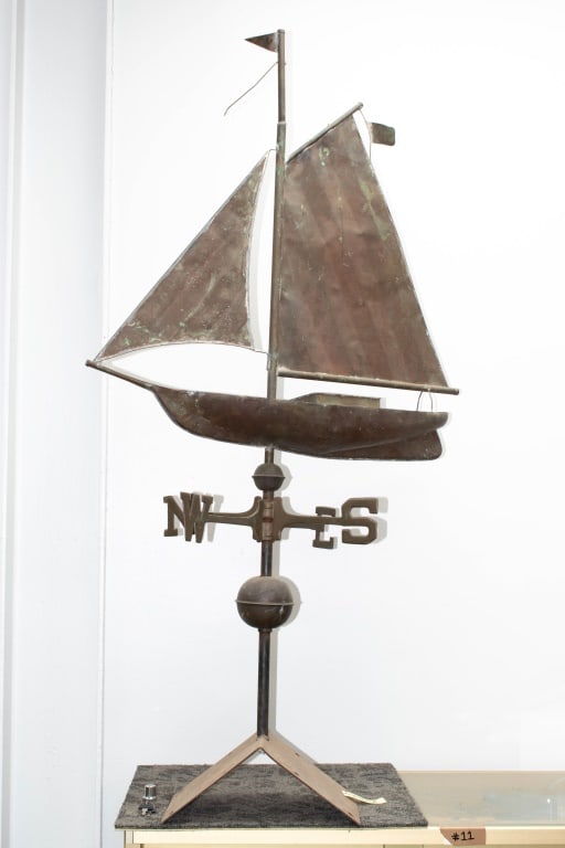 Copper Sailing Ship Schooner Weather Vane: One sail is loose and needs a solder at one point, minor fix Height 53" Length 29" ****We Offer In-House Shipping***