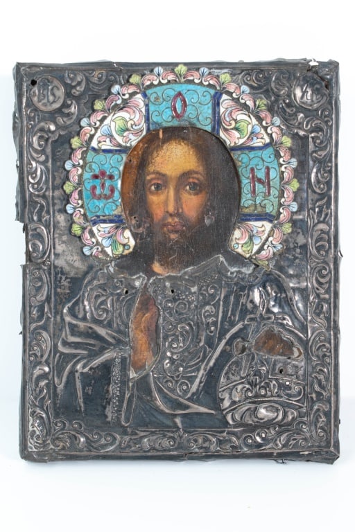 Russian Icon Nikolai Egorov (Moscow 19th Century): A fine and stunning early icon, Russian, circa 1850-1870. The riza or oklad is Marked 84, Silver (87.5%) with other Russian hallmarks. Riza / Oklad is very ornate, with enameled halo / nimbus reading