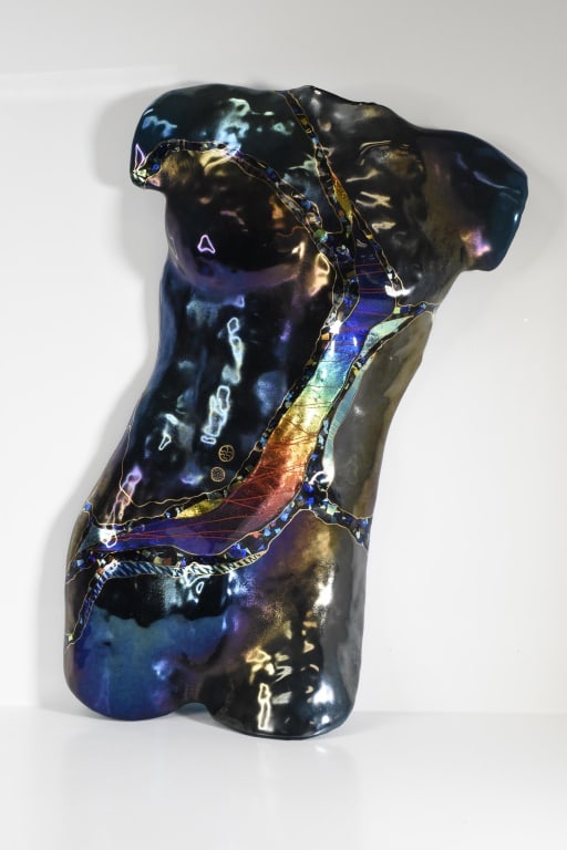 Karen Ehart Studio Art Glass Torso Sculpture: 20th century, Pacific Northwest, USA. In an iridescent finish Approximately 28"H