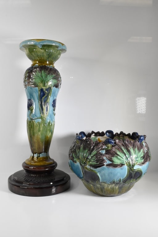French Majolica Tin Glazed Planter & Pedestal: Antique two piece majolica tin glazed plant stand, in the Art Nouveau style of Jerome Massier 1850-1926, Approximately 27.5"H