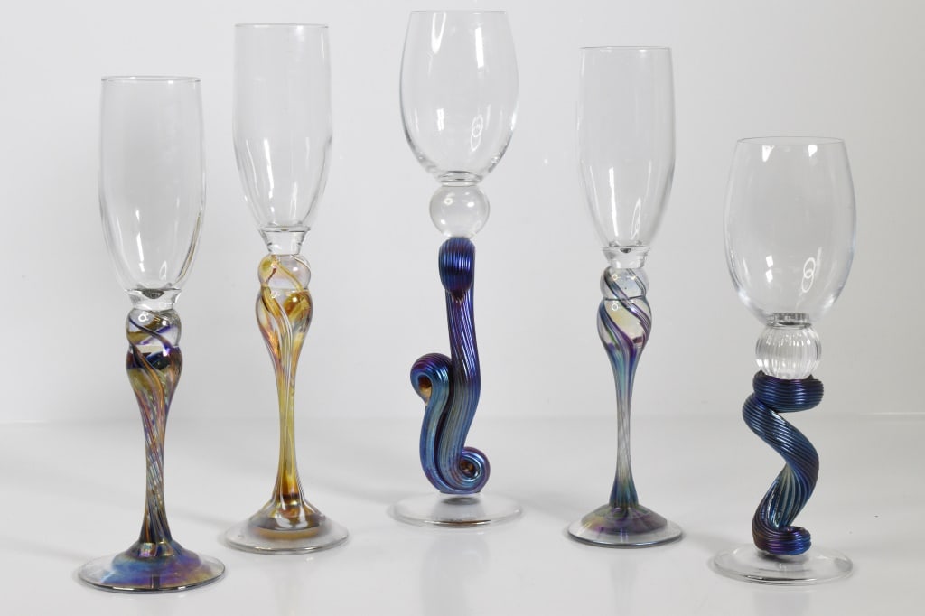 Critter Reid & Rosetree Art Glass Stemware: An interesting collection of art glass stemware in different forms and colors from Critter Reid and Rosetree Glass Studio Approximately 12"H