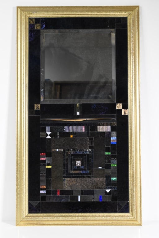 Thomas Meyers Studio Mirror: Ebonized framed Mirror, nicely decorated with colored mosaic glass and other materials Approximately 26.5"W 15”H
