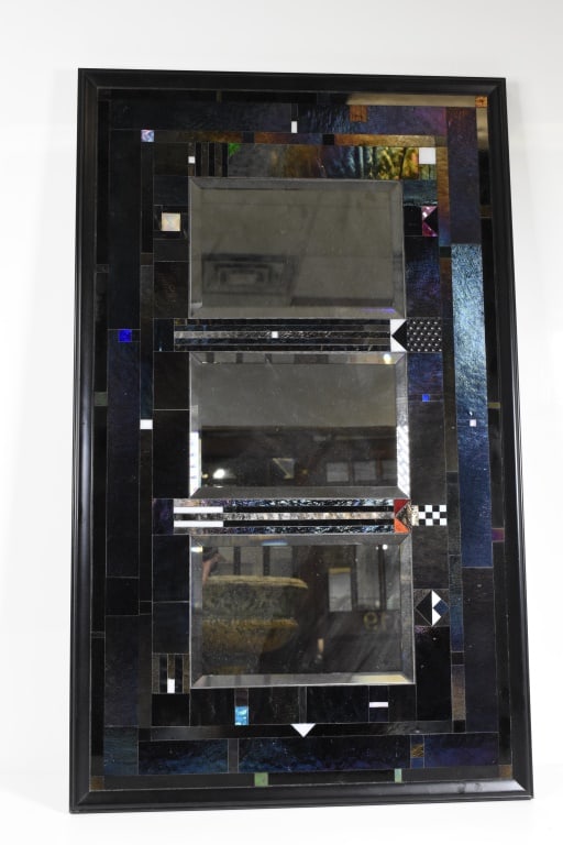 Thomas Meyers Studio Mirror: Ebonized framed Mirror, nicely decorated with colored mosaic glass and other materials Approximately 13"W 18”H