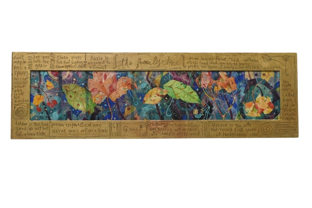 Jane Gilday Family Tree (American Born 1951): In a nicely decorated frame, signed and dated on the reverse Jane Gilday 2003 Approximately 16.5"W 54.5”H