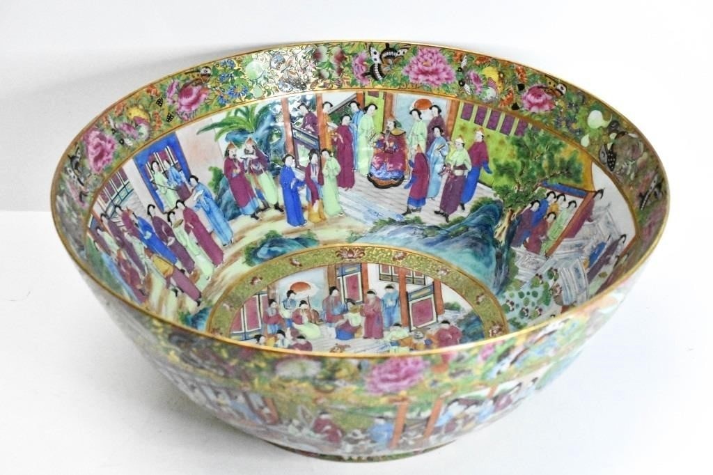 Massive Rose Mandarin Punch Bowl (19th Century): An exquisite Chinese export, 19th century example. Heavily decorated with gilt and polychrome enamel on it's interior and exterior. Both are decorated with a total of about 80 figures. The figure pain