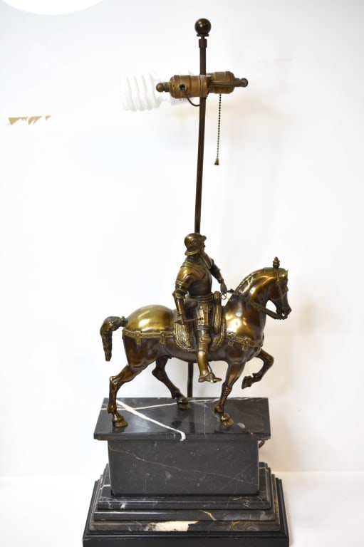 Bronze of a 15th Century Knight: A bronze sculpture believed to be depicting a 15th century knight wearing regal and intricate armor; piece appears to be in good condition with no visible chips, cracks, breaks, or repairs; base