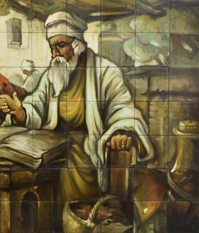 Ceramic Tile Mural Panel - Scholar at Study: A compelling hand-painted ceramic tile mural depicting a seated scholar in traditional Middle Eastern or North African attire, rendered in earthy tones with expressive brushwork. The image evokes