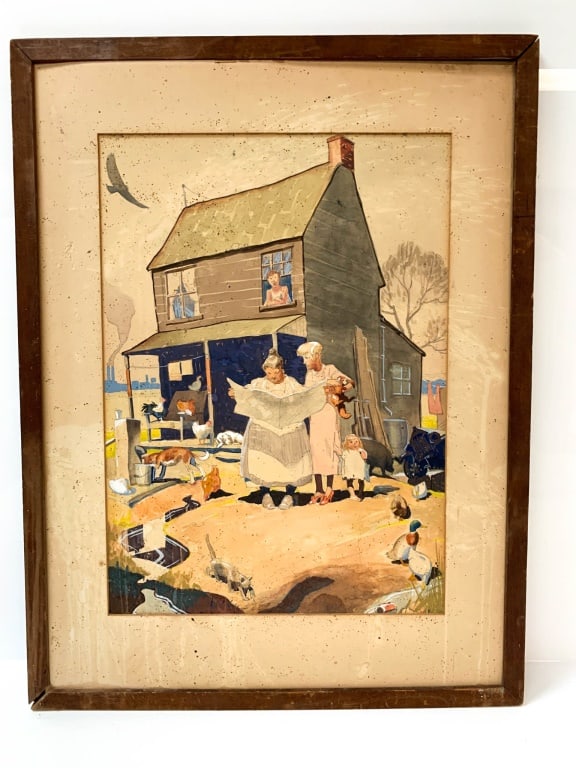 P.L. Martin Edward Abdicates1937 Watercolor: Framed artwork titled 'Edward Abdicates' by P.L. Martin, dated March 1937. The detailed rural scene features figures in front of a house with animals. Displayed at the 23rd Annual Exhibition of
