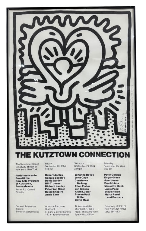 Keith Haring Signed Exhibition Poster Kutztown PA: This framed vintage exhibition poster designed by artist Keith Haring for "The Kutztown Connection," a series of benefit performances held in 1984. This piece was won at a local charity auction and wa