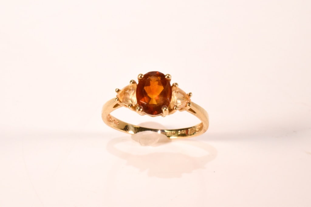14K Gold, Tourmaline, & Citrine Ring 2.8 grams: Cushion cut watermelon tourmaline apx 7mm x 5.5mm x 3.5mm flanked by (2) what appears to be citrines.