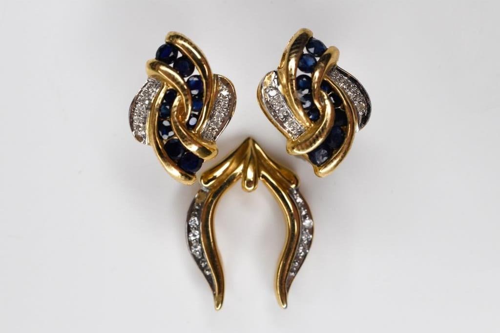 14K Gold, Diamond, Sapphire Pendant & Earrings (1 of 4)