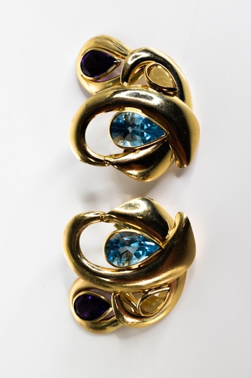 14K Gold, Topaz & Amethyst Earrings: pear cuts- apx 11.5mm x 7.5mm blue topaz, 9mm x 6.5mm amethysts, 7mm x 4mm citrines