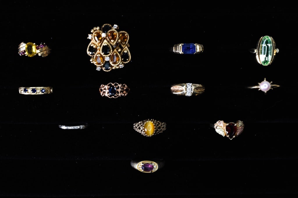 14K & 10K Gold Rings & More: 1 costume; 3-10K incl pear cut garnet, glass, white gold with 5 single cut diamond accents; 14K-band with tanzanite,band with 3 accent diamonds, band with 3 round cut blue sapphires alternated with 2
