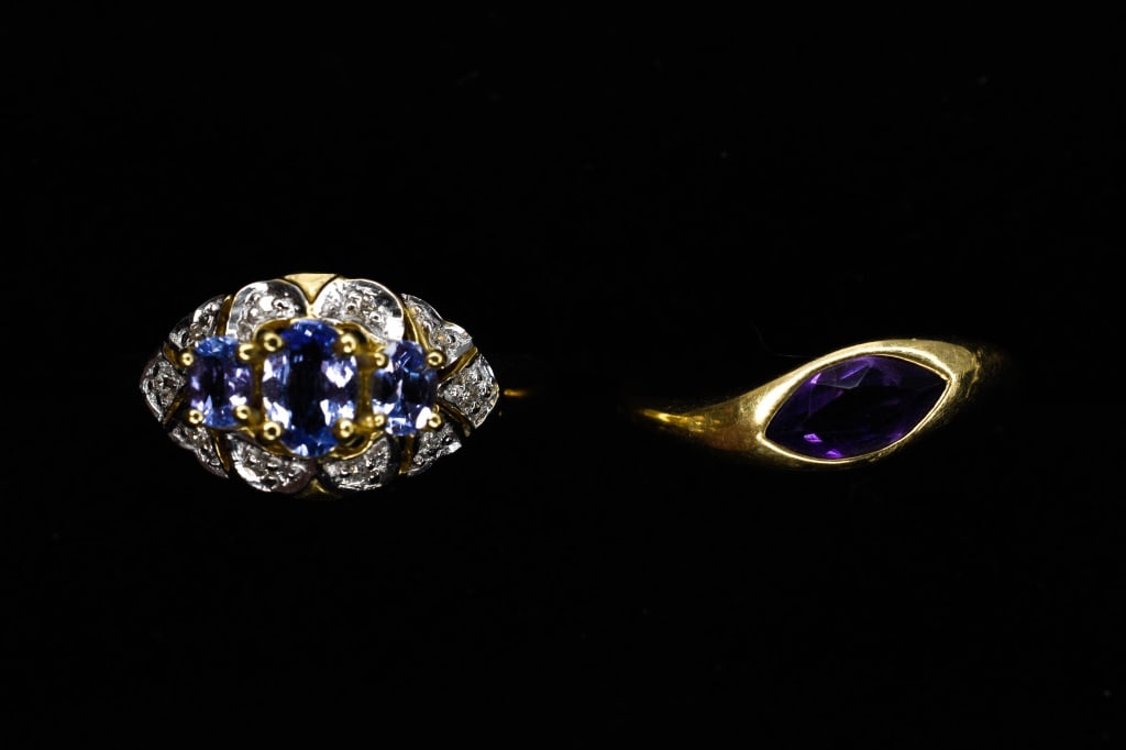 14K Gold, Diamond, Tanzanite & Amethyst Rings: band with apx 8mm x 5mm marquise cut amethyst; dinner ring with 3 oval cut tanzanite-5.5mm x 3.5, (2)4mm x 3mm- flanked by 10 single cut accent diamonds