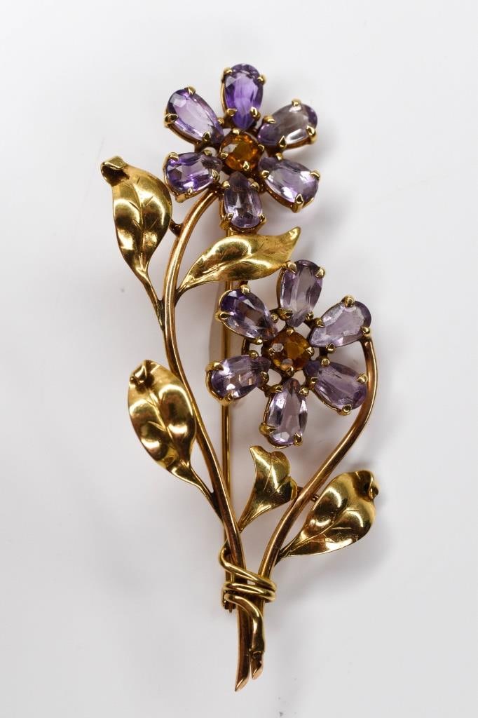 14K Gold Amethyst & Citrine Floral Brooch 5.3 DWT (1 of 5)