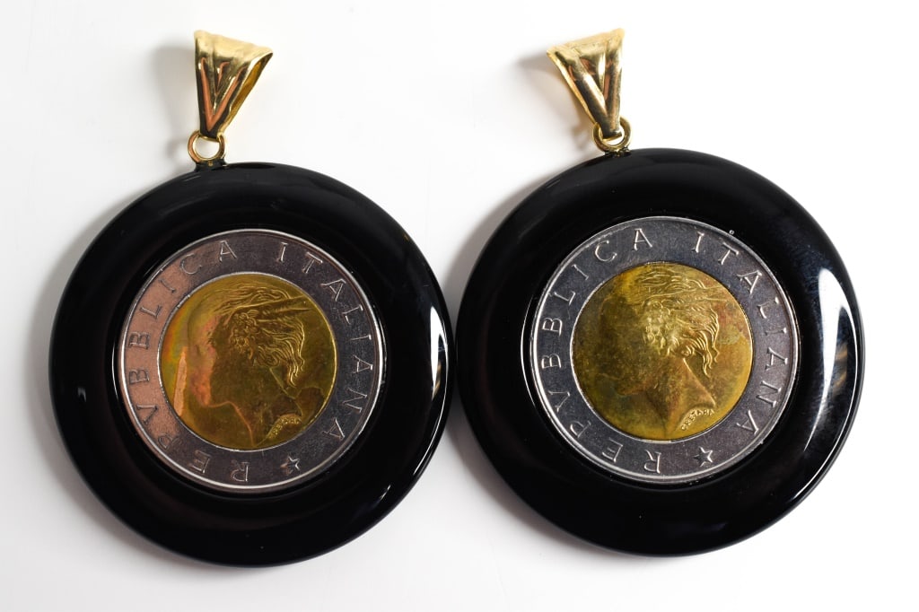 Pair of Framed Italian Coins with 14K Bails: Black onyx frames, 14K yellow gold bails