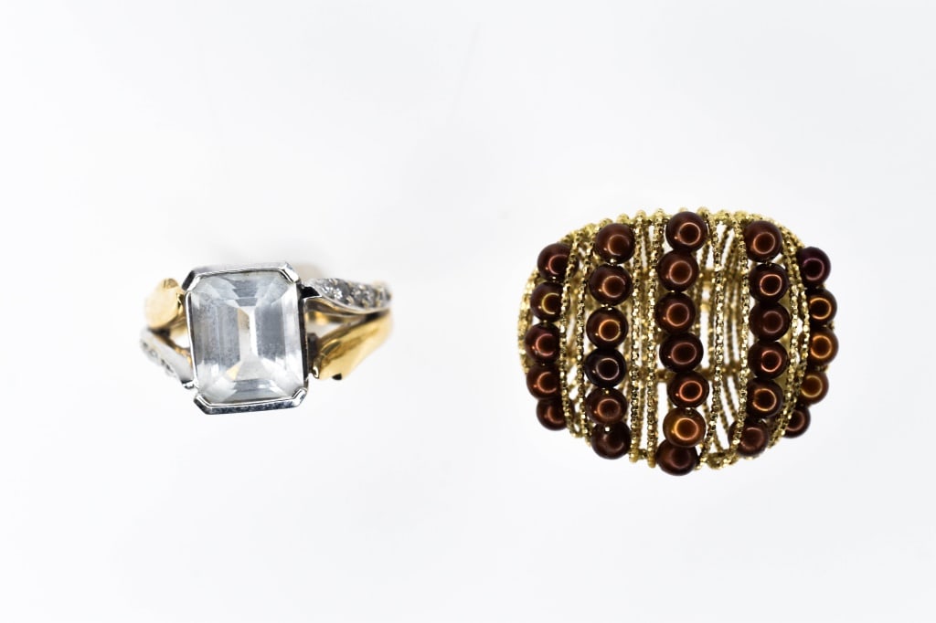 14K Gold Rings with Quartz & Pearls: Both 14K including a yellow gold wire constructed ring with rows of small brown pearls, ring size 6-1/4; two-tone yellow and white gold ring with center clear quartz stone and side accent diamonds, ri