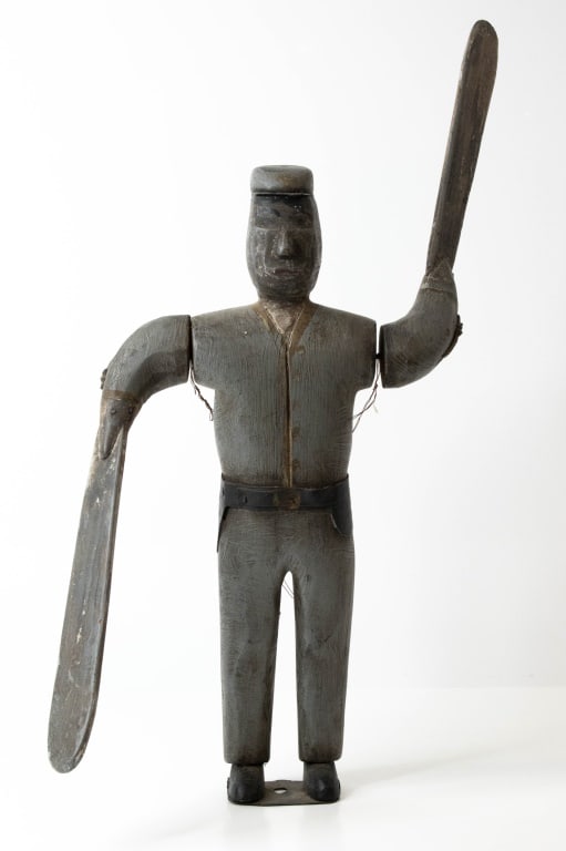 Wooden Whirligig Civil War Confederate Soldier: No stand. Was hanging with copper wire. Roughly 18 inches long. Blades are pinned to the arms. Provenance: Acquired from a single owner private estate collection originating in Gettysburg, Pennsylvani
