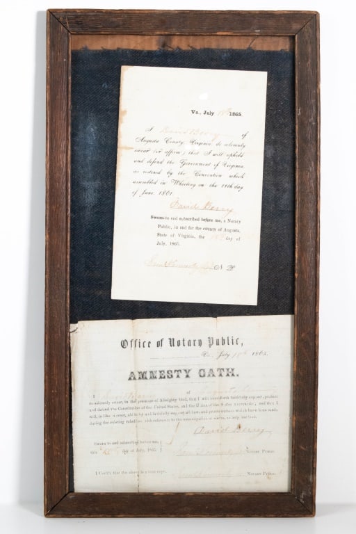 David Berry Civil War Era Amnesty Oaths Circa 1865: Civil War-era amnesty oaths signed by David Berry, July 18, 1865. Height approximately 17" Length approximately 9" Provenance: Acquired from a single owner private estate collection originating in Get