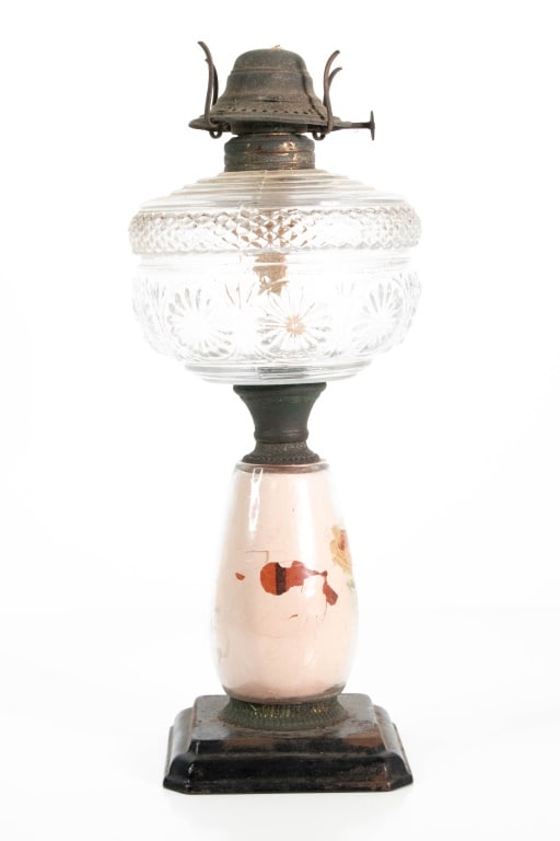 Victorian Glass Oil Lamp Circa 1800s: Victorian glass oil lamp measuring approx. 14"h Provenance: Acquired from a single owner private estate collection originating in Gettysburg, Pennsylvania. The collection was carefully stored in Slati