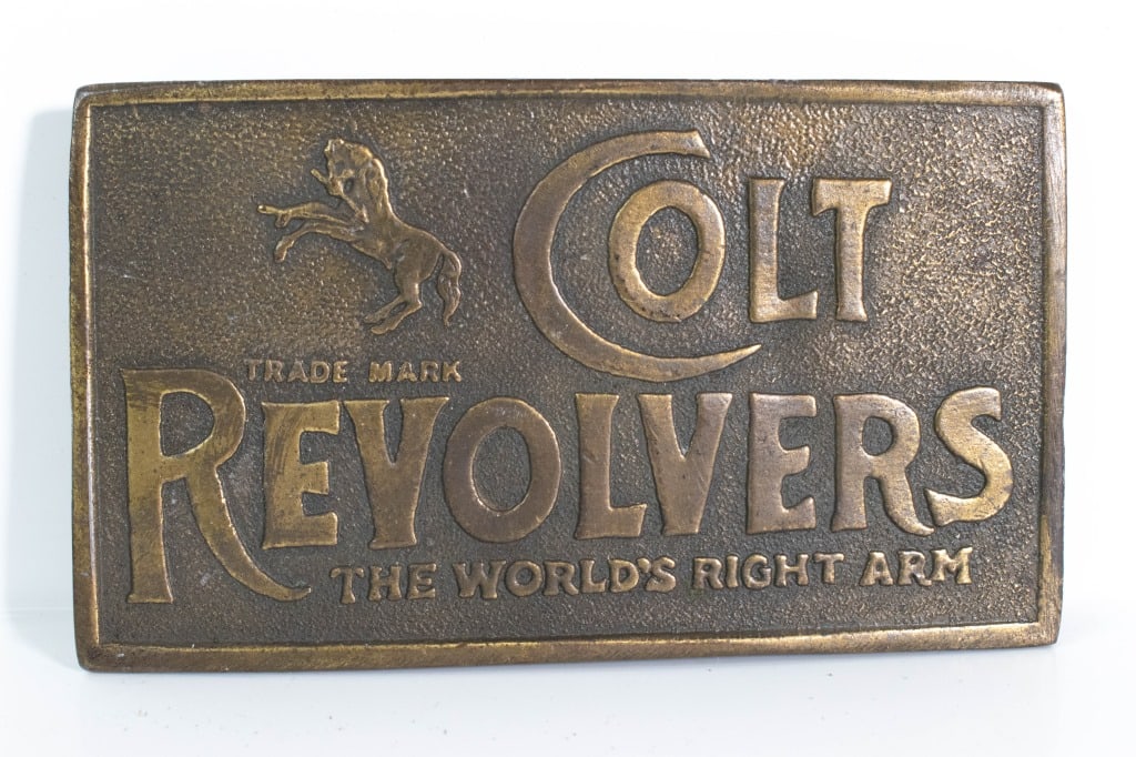 Colt Revolvers Heavy Brass Belt Buckle (Signed): Includes a Colt Revolvers belt buckle measuring approx. 4"l Provenance: Acquired from a single owner private estate collection originating in Gettysburg, Pennsylvania. The collection was carefully sto